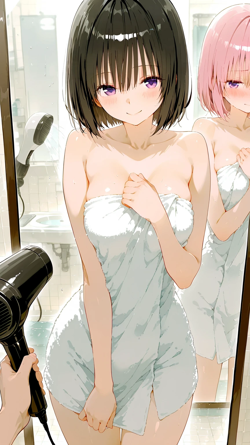 、(masterpiece、Highest quality)、Highest quality, Ultra-high resolution, (((masterpiece))), alone, Sweat、Big eyes, Composition from the front、Shortcuts、Embarrassed face、Bronze colored hair、Cut the back hair short、Bathroom、Shower scene、 Expose、Completely naked、pubic hair、belly button、Large areola、Nipples、short hair
