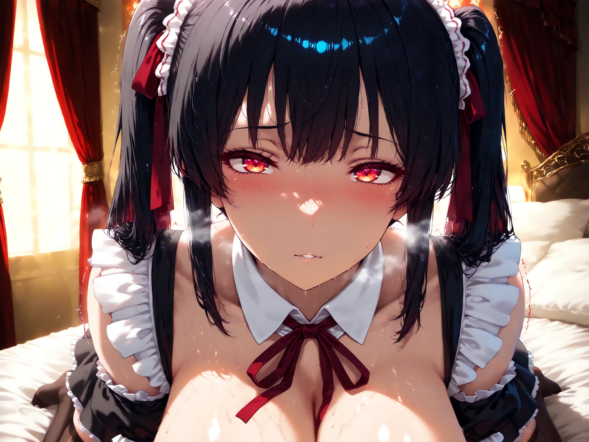 (((huge breasts))), pov,looking at viewer,solo, (selfie),((black micro bikini,frill bikini)),((nose blush)),(slut:1.3),(sweat:1.4),((bedroom)),((white bed)),yorumi rena, multicoloRedhead, Red eyes, Grey Hair, Black Hair, Split Color Hair,{Redhead, Striped Hair}, ((Twin tails)), hair ornaments, Ahoge, Hair Ribbon, bangs, Hair ties, Black Bow, Very long hair, Hair Ribbon,,