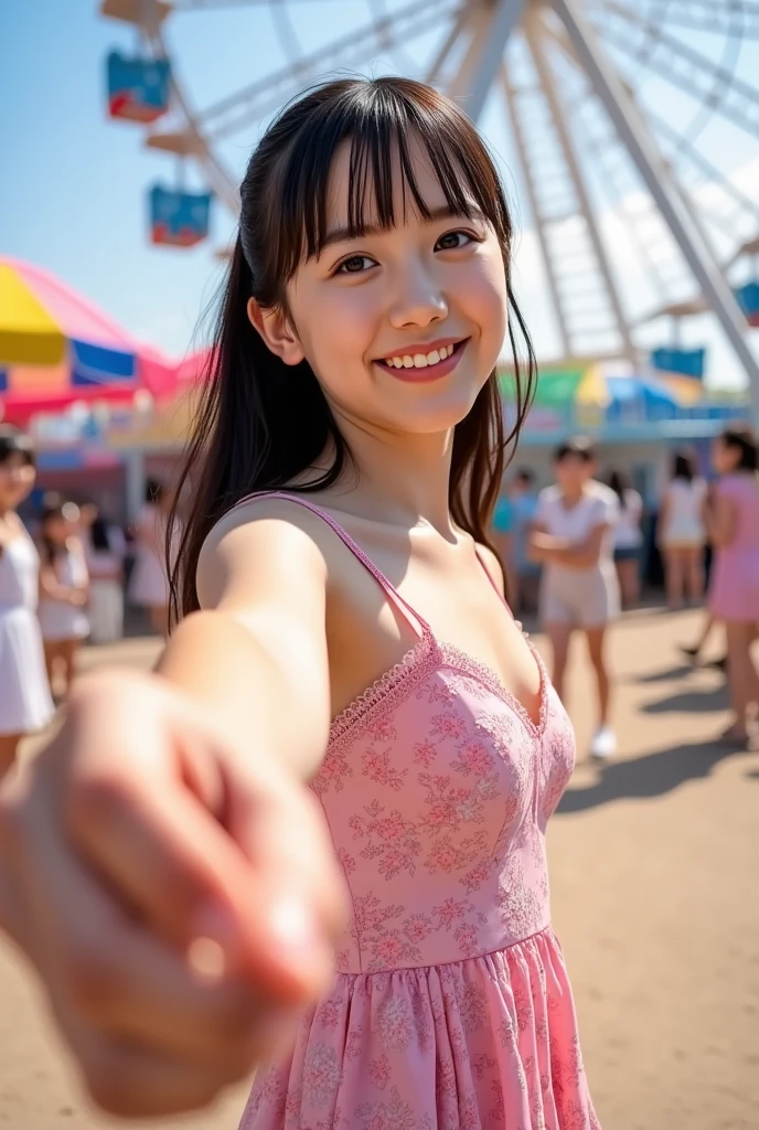 highest quality，1 female，Very large and beautiful breasts, Diameter about 50cm、Tight waist，Beautiful 20 year old Japanese woman, Angle from the front of the woman，Smiling woman at amusement park，M-shaped legs