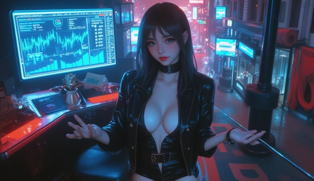 (((NSFW0.7)))，Better Quality, Realist, Award-Winning Illustration, (Intricate details: 1.2), (Fine Detail), (Intricate details), (Cininatic Lights, Better Quality Backlight), Crisp Lines, Sharp focus, Official Art, unity wallpaper 8k, Absurd, unbelievably Absurd, Huge file sizes, Ultra- (in_main_two:1.21), (Neon lamp), Fantasy art, RTX,((triangle closeup photo by award winning studio )), 1 girl, so beautiful, (run away), small , ((two da cidade cyberpunk, Valkyrie)), Perfect hands, Beautiful and fine details, Perfect Face, (Cyberpunk Blouse, leather jacket, Martin boots) ,,(Headphones_in volta_hair),((Pleated skirt) ), ((Supermodel posture)),((Big Breasts)),(See through)