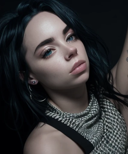 a woman looks like Billie Eilish in her 30s, sensual fine art nude, monochrome, dramatic lighting, high contrast, minimalistic background, elegant pose, chiaroscuro, Helmut Newton style, sophisticated, alluring, dramatic, powerful, cinematic, fashion photography
