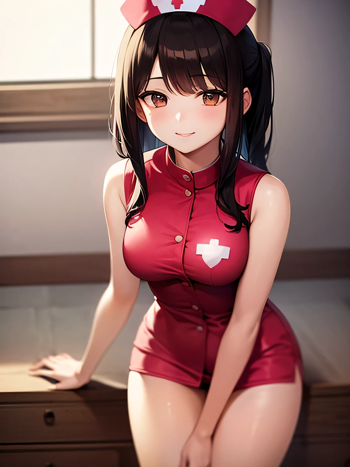 best quality, 1girl, masterpiece ultra detailed, illustration, yang guifei, glossy lips, sitting, (white nurse outfit:1.3), infirmary, hospital bed, twintails, cleavage, thigh highs