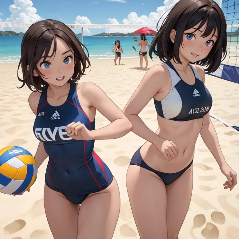 Multiple girls in swimsuits on the beach playing volleyball