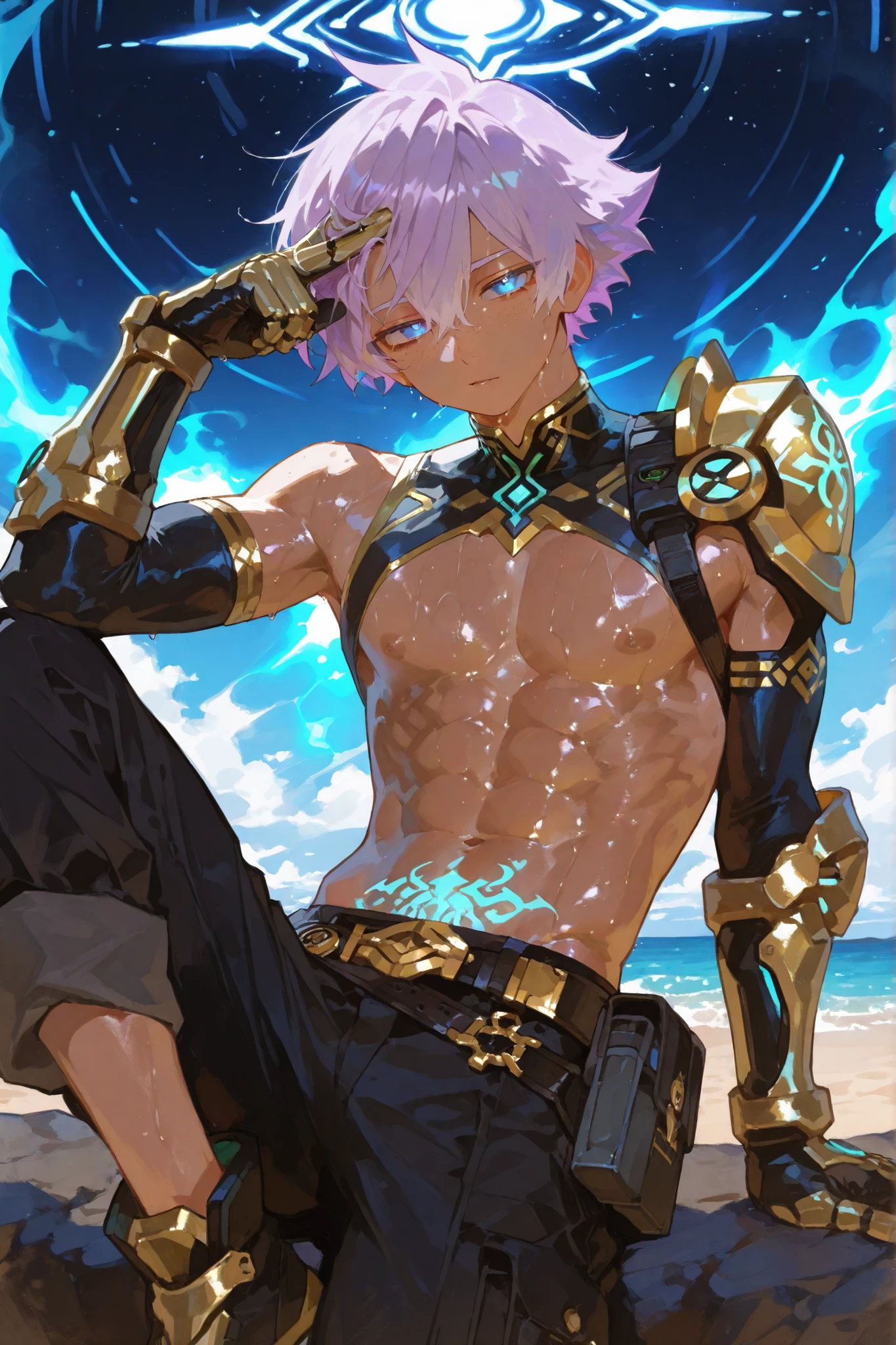 
1boy focus,SEDUCTIVE AND GAY POSE, TRANSPARENT X RAY CLOTHES . young latino boy toned  white freckles 15 year old boy who is lean muscular body big manly chest , soft glowing fair dark  skin, lavendar light purple  hair  messy spikey fade huge hairstyle fringe hair  sticking to forehead. big sparkling dark blue eyes , wearing royal prince modern tech holographic blue and gold clothing shiny yellow  symbol and  with smooth skin anime-style, highly detailed, , glowing neon eyes,  blue eyes,  sweaty skin, in a joyful beach   .  gold accessories ,   very skinny legs,  becomes a sleek, modern ceremonial-tech hybrid. He wears a fitted, deep red tactical jacket with gold sun-etched lines running along the sleeves and shoulders, layered over a turquoise, shirtless torso. His high-waisted, black utility trousers taper at the ankles and feature gold-accented straps, side pouches, and geometric etchings HALF NAKED. A long, asymmetric sash flows from his belt—part traditional fabric, part semi-transparent energy cloth—adorned with glowing sun symbols. Metallic gauntlets, feather-detailed shoulder pads,, blending ancient sun-worship aesthetic with futuristic hunter gear, FIGHTING READY POSE WITH POWERED UP GAUNTLET MELEE








