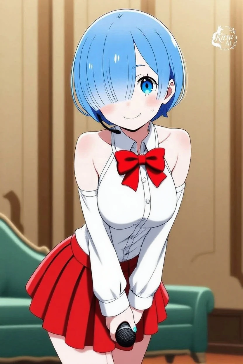 1Girl, solo,aqua hair, medium hair, blue eyes,(((black  suit,clavage,bare shoulders,Blush,black  ears))),short hair