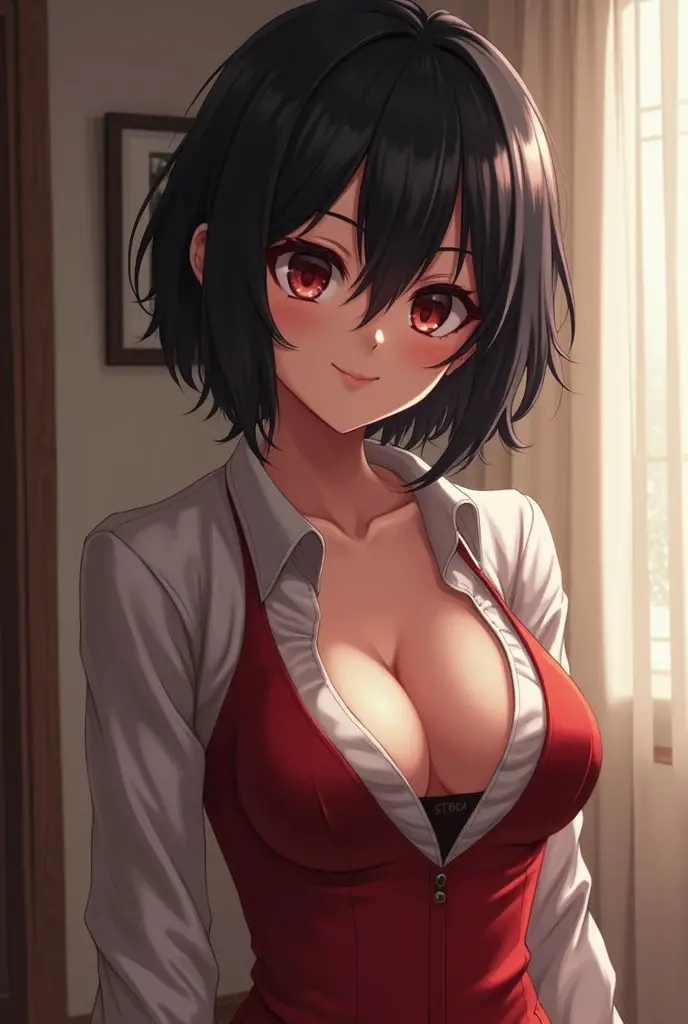 Ada wong,red shirt,Cleavage,Black pants,smile,sexly,upturned collar shirt, popped collar shirt, High collar shirt,blush,One Woman,Put your hands behind your head,whole body,front,By the window in the morning sun,Cleavage,Spread your legs,
