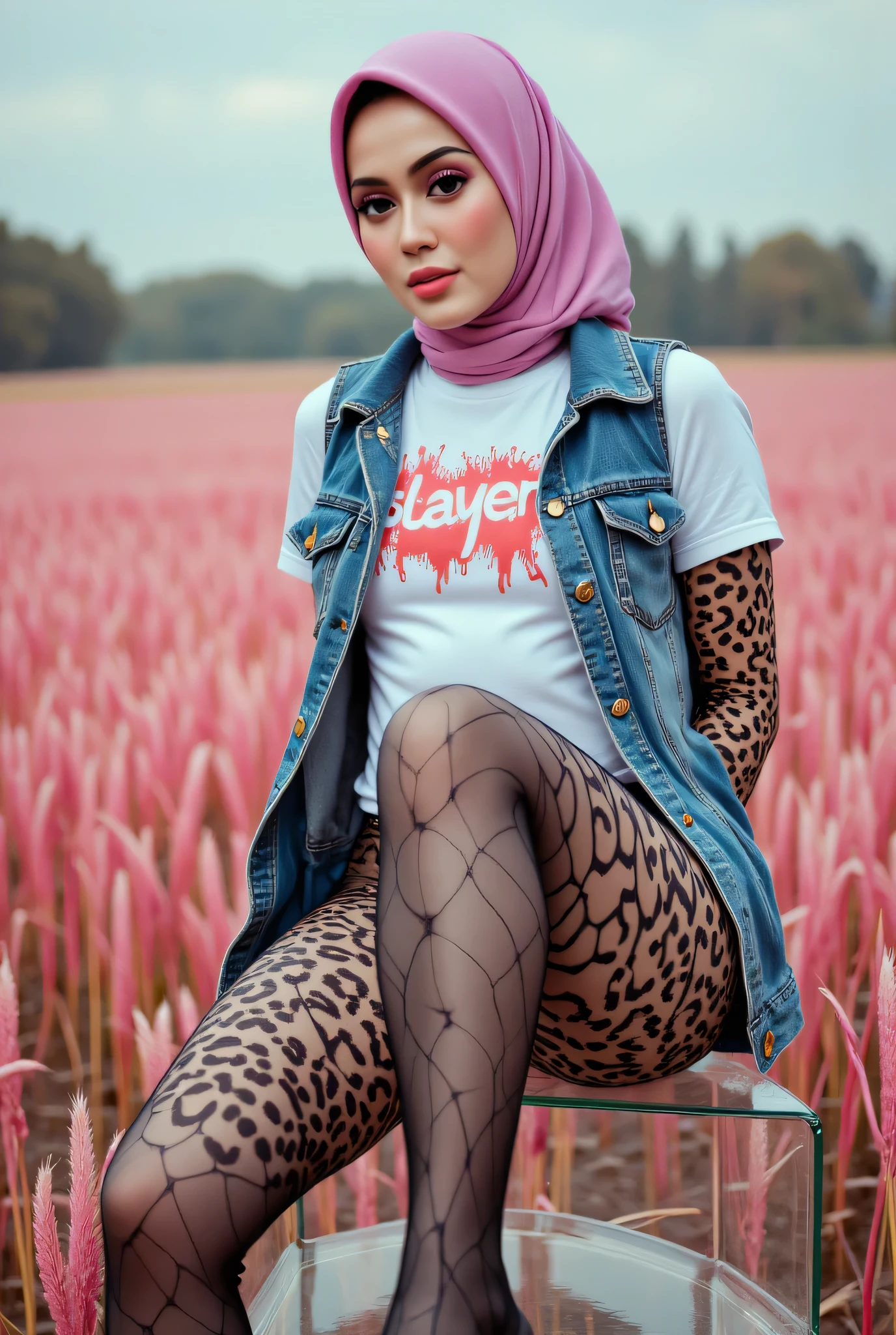 Just Front photo, wear a loose drop Looks like a little rubber panties pastel translucent (cheetah print) leggings closed my center, besar melayut, hijab hijab hijab hijab, (photorealistic:1.6), background rice paddy. daytime atmosphere, don't put any rope! flat !, duduk di atas kerusi kaca, hands behind back while legs astride, view from front, wearing short t-shirt Slayer blood font logo print & mini vest denim, pink eyeshadow & black lipstick
