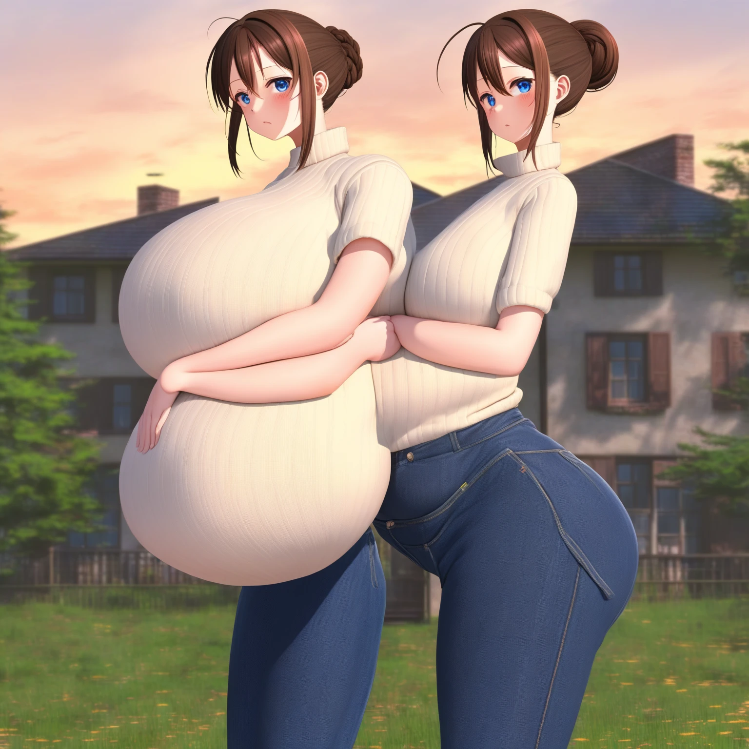 (top-quality)、 (masterpiece)、(Professional lighting with fewer shadows)、 (Bewitching)、 (A hyper-realistic)、(Stylish), (perfect anatomia)、(3People Girls、Bend over and stick your butt out towards the camera), ( Huge breasts:1.8), (Bright and even whitening skin without wrinkles and steps), (Beautiful narrowed cool blue eyes with long eyelashes and red tear bags)、 (Braided half-up hair fluttering in the wind), (The costume is naked and wearing only a ruffled apron:1.5), (To beautifully emphasize the proud super big ass、Performing a bewitching and beautiful pose with the buttocks exposed from directly behind:1.8), (detailed beautiful faces), (Shot in a garden full of flowers),