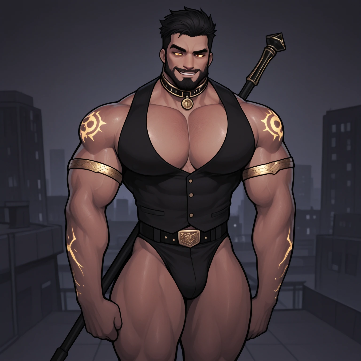 "character description: mischievous and carefree half-demon and half-shapeshifter with short black and purple hair, grey eyes, and a well-groomed beard, he is well built and muscular however he is on the slender side" wearing women's underwear