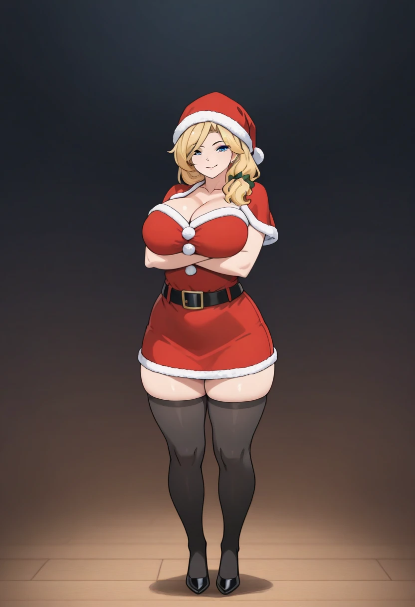 ((Masterpiece)), perfect anatomy, perfect shading, field of depth, (best quality), extremely delicate and beautiful, perfect lighting, detailed face, ultra cute face, cute, (cowboy shot 1.2), full body, ((1girl)), ((solo))

Girl 1: has long hair, fluffy hair, blonde hair, blue eyes, ((blush)), (embarrassed), extremely tight clothes, medium breasts, cleavage, perky breasts, ((wide hips)), (thick thighs), ((chubby)), pudgy belly, fat rolls, belly hang,

living room, fireplace, house, intricate background, detailed background, girls are standing next to each other, santa hat, santa outfit (re crop top 1.5), (red short skirt 1.5), holding plate of cookies,