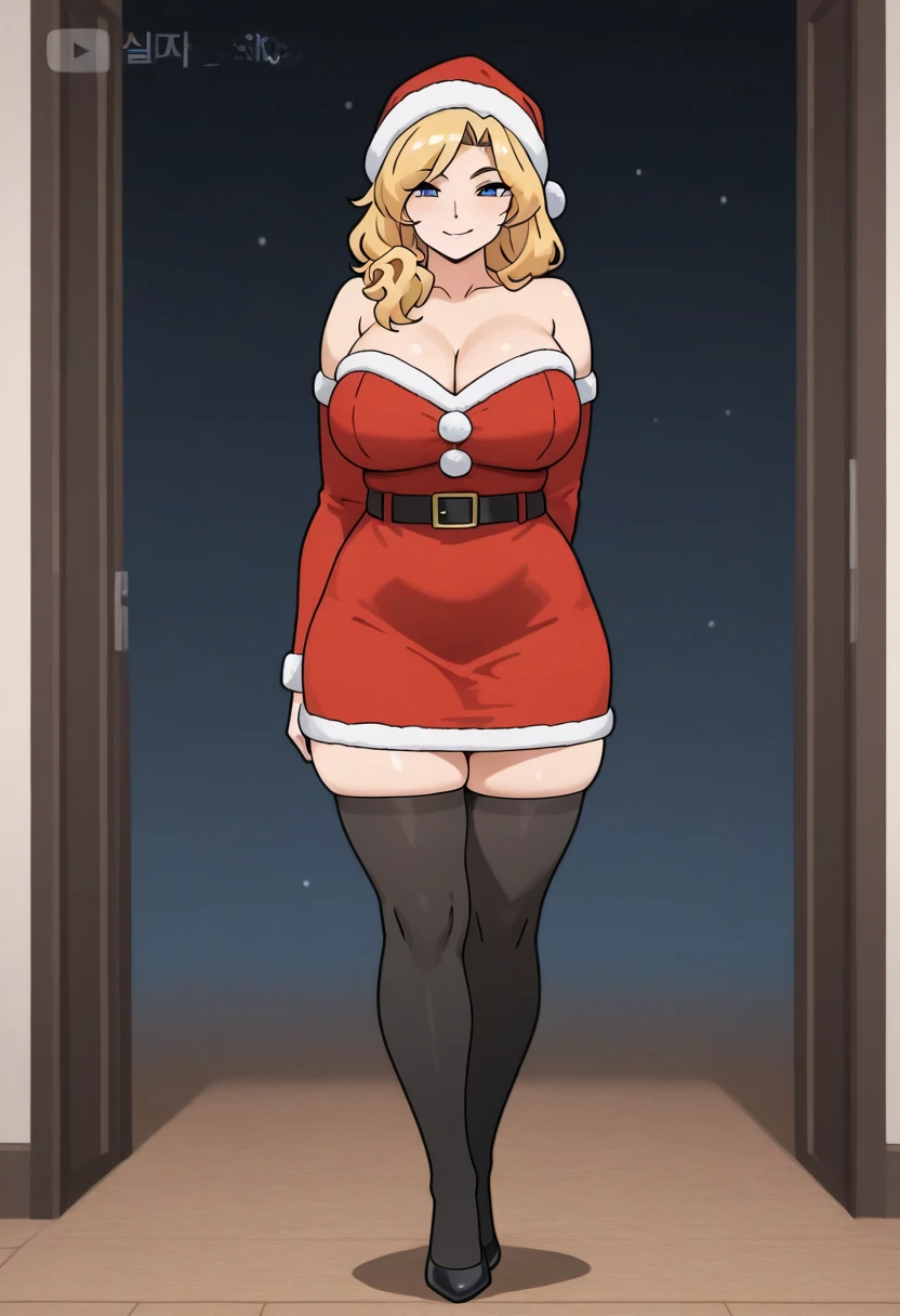 Clover, totally spies, blue eyes, blonde hair, santa outfit, standing, pussy, front door, black boots, santa hat, smile, half-closed eyes, long sleeves, black belt, open mouth, looking at viewer, resting on door frame, crossed arms, snow