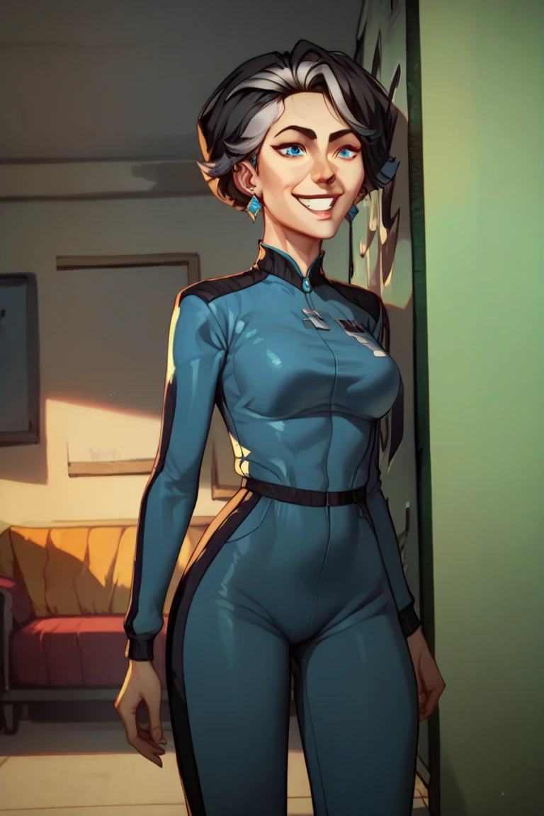 ((art by Kipteitei)), ((Masterpiece, best quality, perfect lighting, amazing shading)), (perfect anatomy, realistic proportions), field of depth, extremely beautiful, 1girl, (black hair), long hair, blue eyes, pencil skirt, (neon blue sweater), ribbed sweater, exposed shoulders, undershirt, high waisted belt, black tights, cute smile, detailed background, (cowboy shot)