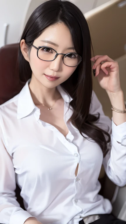 high quality:1.2), RAW Photos, High resolution, Very detailed, Intricate details,、Black Hair、Short Haircut、Glasses、ear piercing、smile、Emphasis on teeth、, (Front view, ), Clear beauty, Necklace around the neck、,, (High Quality Fabric, Office Lady Suits、Jacket、Unbuttoned white shirt） 、Detailed face, The background is the office
