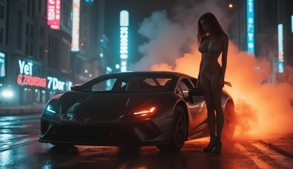 chica sexy apoyada sobre el capot de un auto superdeportivo. vista de atras de la chica