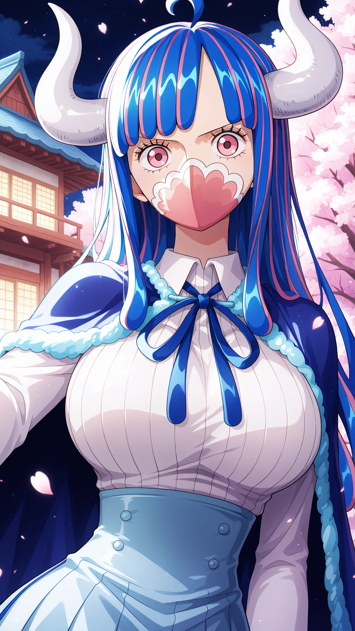 ulti,one piece
High quality , best quality , masterpiece, High Resolution , detailed face( LoRA: ulti),anatomically correct, detailed hair Style( LoRA: ulti),anime Coloring
solo, 1 girl,
long hair, multicolored hair, blue hair, ahoge, white horns, pink eyes, mouth mask, pink mask, large breasts,
blue cape, neck ribbon, ribbed shirt, white shirt, long sleeves, high-waist skirt, blue skirt,
looking at viewer , close-up,upper body
, Japanese-style house,night, Cherry blossoms
,smile