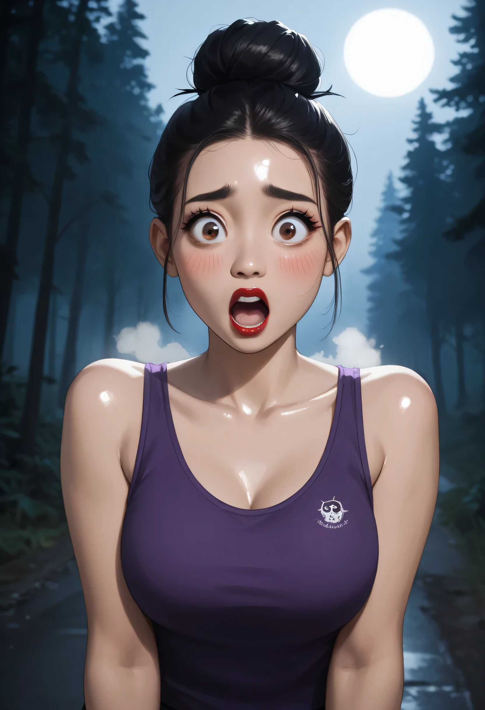 1girl, perfect face, black hair bun, hair up, black round eyebrows, black eyeliners, big brown eyes, nose, thick red lipstick, (shocked, big eyes, blushing, open mouth), beautiful girl, v-neck, purple tank top, ((female asian, face asian)), death forest road, dark, fog, night sky, ((shiny skin)), (((dark)))