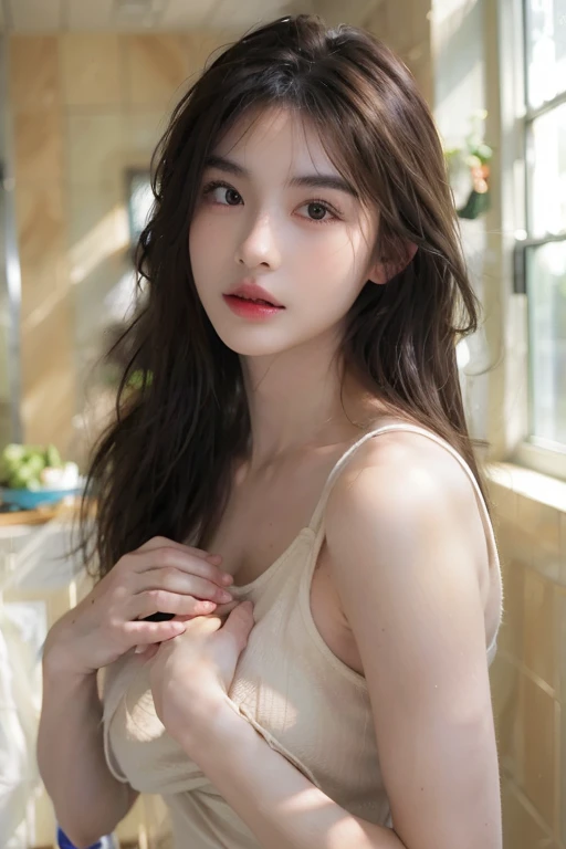 (((best quality))),(((ultra detailed))),(((masterpiece))),illustration,((1 beautiful young girl,solo)),(short ponytail:1.2),((slim,thin)),((small breasts,flat chest)),((sweat,wet)),(face blush:1.3),attractive, serene, sunlight,(in stairwell:1.3),((in residential building,indoor)),summer afternoon,(strapless yoga bra:1.3),comfortable, movement,fair skin, radiant, hazel eyes,sun-kissed, lightweight fabric,whimsy,(concrete steps:1.3), shadows,peaceful, idyllic scene, frozen moment, capturing essence,(from front:1.3),(close-up of face:1.3)
