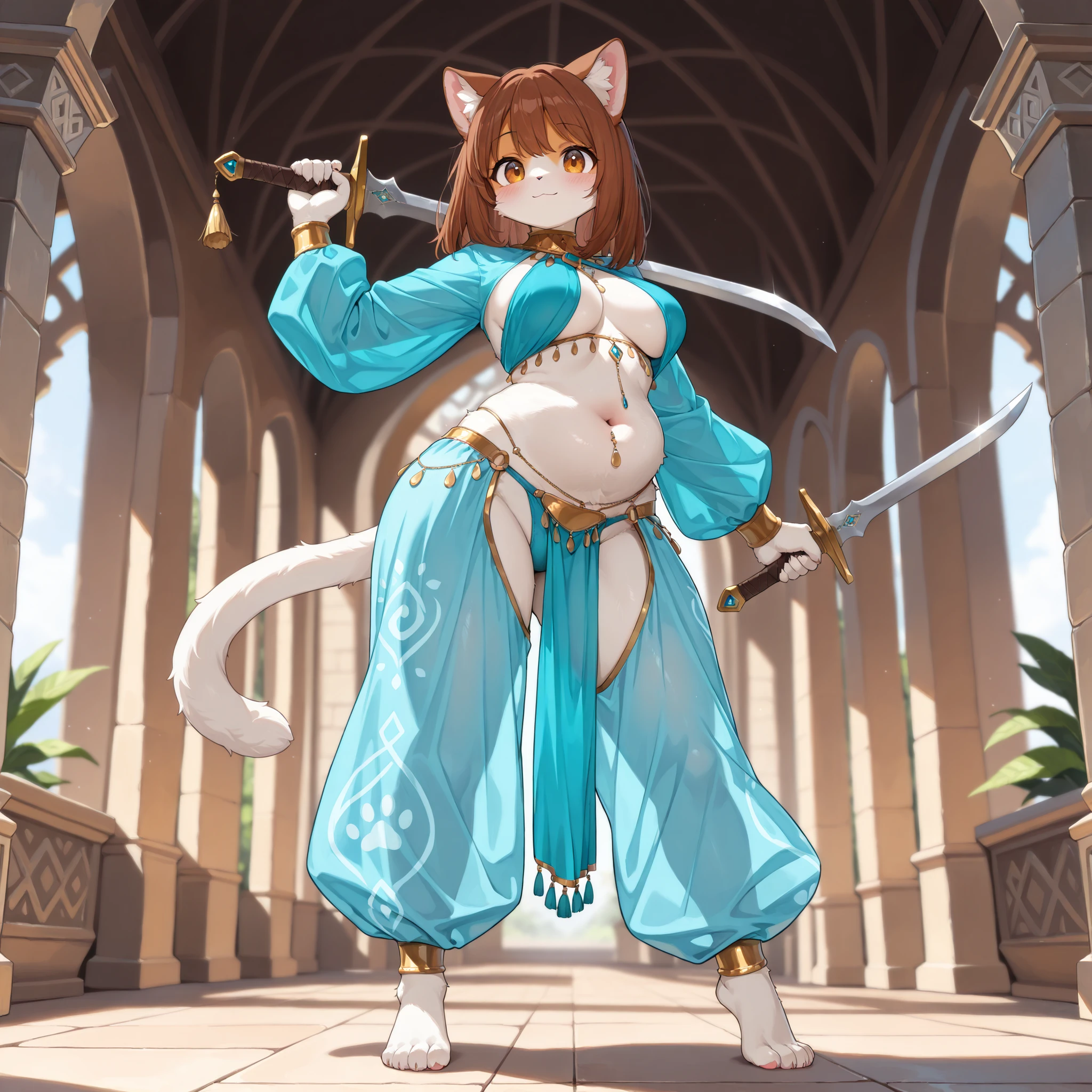 (masterpiece, best quality, amazing quality, very aesthetic, high resolution, ultra-detailed, absurdres, newest, scenery, 1girl, solo, cat girl, furry, kemono, Fluffy fur, coloured fur, two tone fur, brown hair, medium hair, amber eyes, beautiful breasts, navel, sagging belly, wide hips, Belly Dance Costumes, custom top, long sleeves, panties, pelvic curtain, very baggy oversized open chaps pants, harem pants, bare feet, body jewelry, hip jewelry, prints, harem outfit, coloured clothes, standing, holding two blades, standing, dynamic posing, happiness, graceful, sexy, cute, full body, depth of field, volumetric lighting)