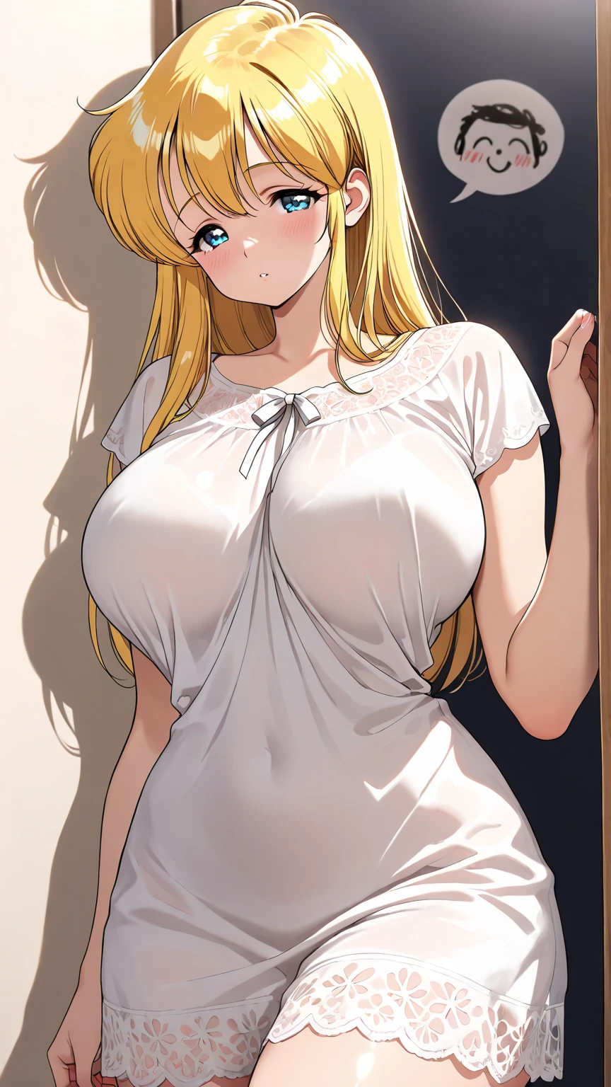((highest quality、High resolution))、Blonde、Large Breasts、Nipples、((POV、Beautiful girl riding a boy and having sex))、Creampie