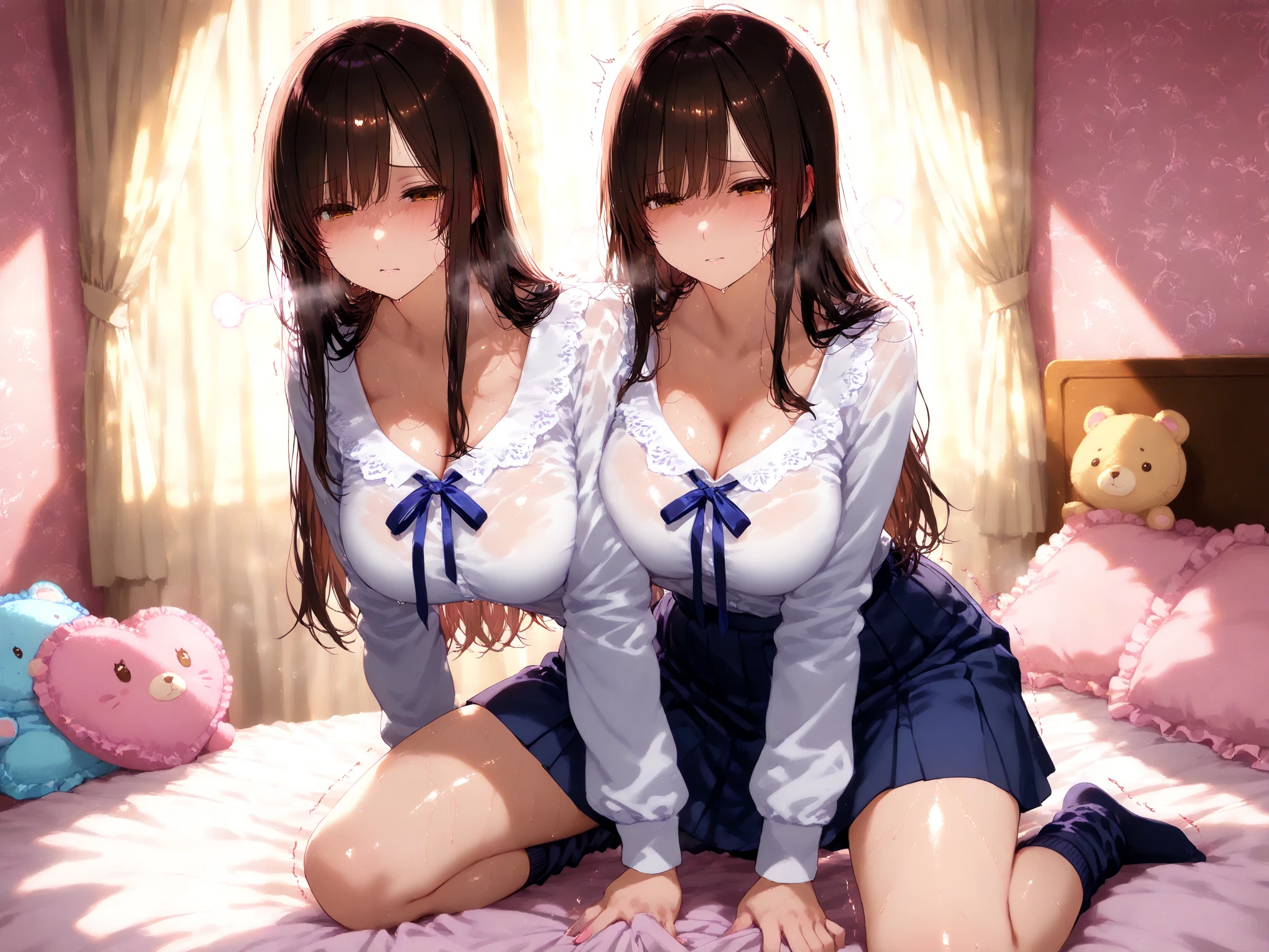 nswf:1.0,(masterpiece: 1.2, highest quality, masterpiece, Clearer images), (Bright colors), ((Take clear photos even from a distance)), (multiple girls), (Harem), (School classmates), (((All school uniforms have the same design))), (((Everyone is wearing the same navy blue skirt))), ((16 years old)), ((prostitution婦)), (prostitution宿, on the bed), (cute Japanese((6 girls))), ((group shot)), (group selfie), wide angle, soft light, ((((Clothes are in disarray)))), (((bad sleeping position)))、(slightly larger breasts), ((prostitution)), (lure), ((viewers love it)), (((sleeping, closed eyes))), (((show panty:1.6)))、((((M spread legs:1.4)))、((female masturbation:1.8))、((breast grab:1.3)),(((bra lift:1.2)))、stick out one&#39;s crotch、((put index finger on mouth))、(((lie on bed)))、lying, arms up