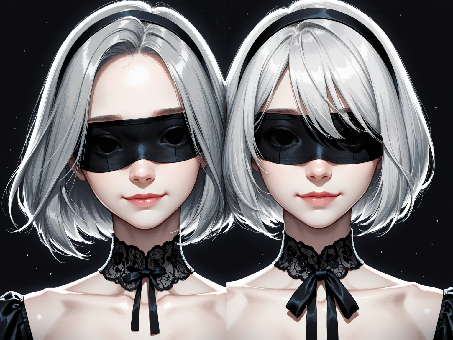 score_9, score_8_up, score_7_up, best quality, masterpiece,realistic, 1girl, solo, blindfold, yorha no. 2 type b, black blindfold, upper body, puffy sleeves, dress, short hair, white hair, black dress, juliet sleeves, hairband, breasts, cleavage cutout, long sleeves, parted lips, turtleneck, clothing cutout, black hairband, medium breasts, covered eyes, mole under mouth, mole, lips, pink lips, nose, facing viewer, hair over eyes, teeth,
