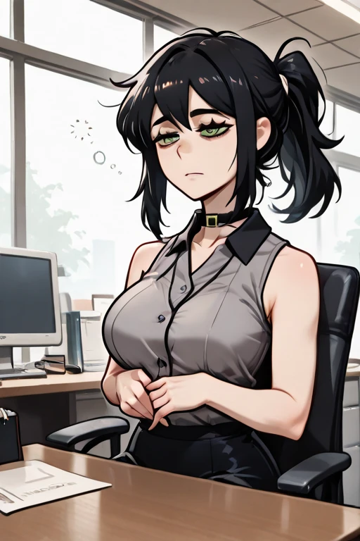 a one woman , white shirt, black miniskirt ,blackstockings. (((big straight black hair))), ((( sitting on the chair ))), (((yellow eyes))), angry facial expression,