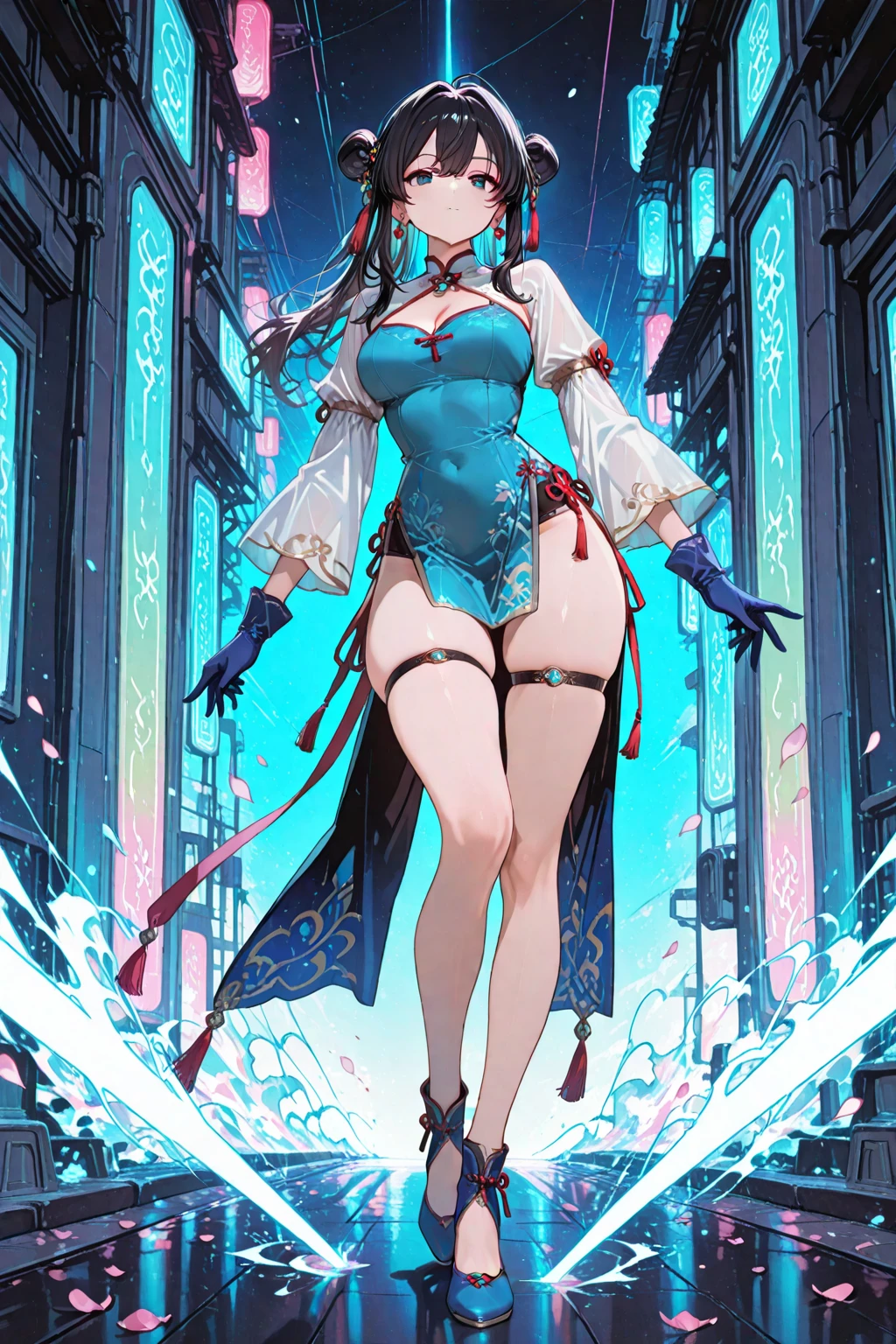Nordic town,(blue purple hair),(big clip on her hair:2.0),big clip on head,Delicately tied up short hair,Standing close-up,dream world,Mature lady,(Slender gray-white red phoenix eyes,pink lipstick,long eyelashes),long eyelashes,Contact lenses,Pink manicure,curly bangs,(Light blue gauze,Lace low-cut midriff-baring cheongsam,High slit cheongsam dress：2.0),(big breast)(soft light and shadow：1.9),leg rings,绑着刀的leg rings,(old style high heels),black stokings,Detailedly drawn backgrounds