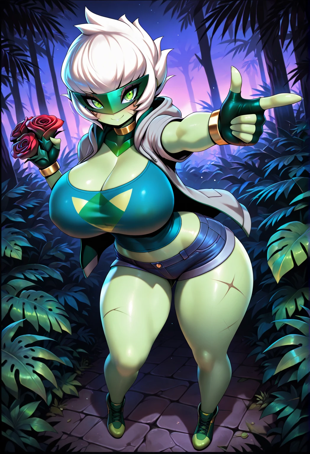 nsfw,score_9, score_8_superior, score_7_superior, sauce_Anime BREAK 1 Girl, alone, View your viewers, Detailed Background, Mash Kyrielight, Pink Hair, Hair on one eye, Super huge breasts, Glossy skin,Erect nipples,leotard, The chest is exposed,The navel is exposed, Thigh straps, Elbow hand pockets, Cleavage, Displeased face, (in the forest, night, Plants, darkness,jungle), From behind, Fleeing Pose,Wet with sweat all over the body,Full Body Shot