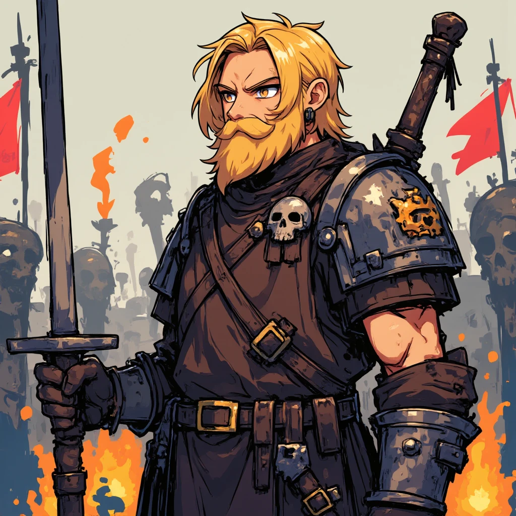 envision a 8k, highres, cinematic full body concept art design of a strong face fierce warrior posing for battle with a muscular body, big beard with sleek long flowing blonde hair, and blue eyes shirtless wearing and a skull crown face mask effects against a dark gray background