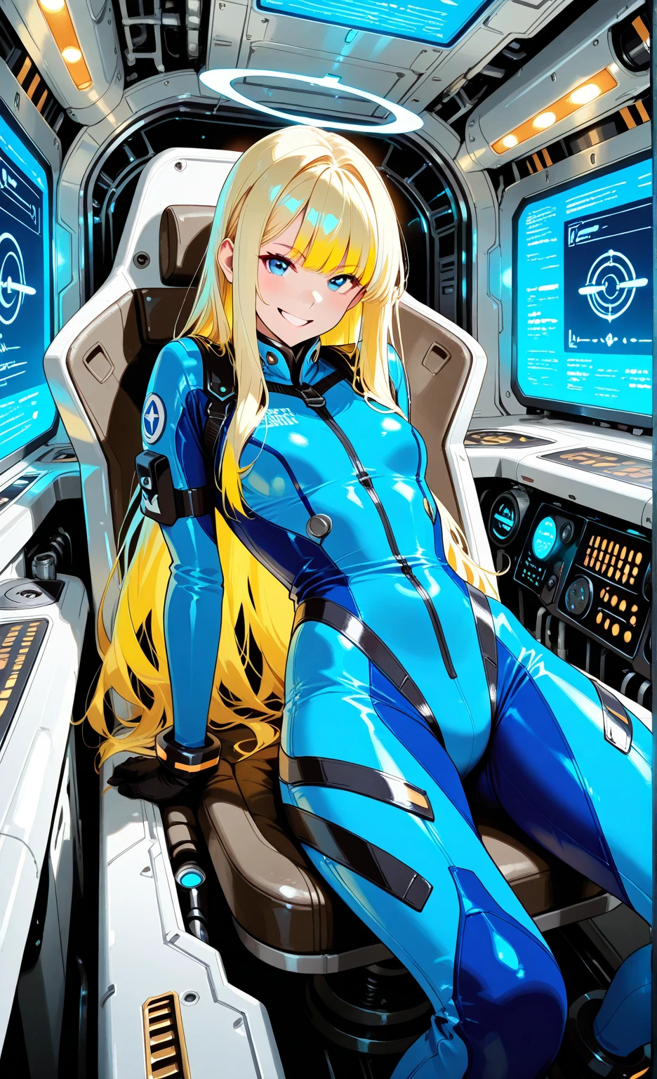 masterpiece, best quality, 1girl, game cg <lora:samus-xl-nvwls-v1-000007:0.9> defsamus, blonde hair, bodysuit, blue clothes, high heels, sitting, from side, looking at viewer, space station, computer
