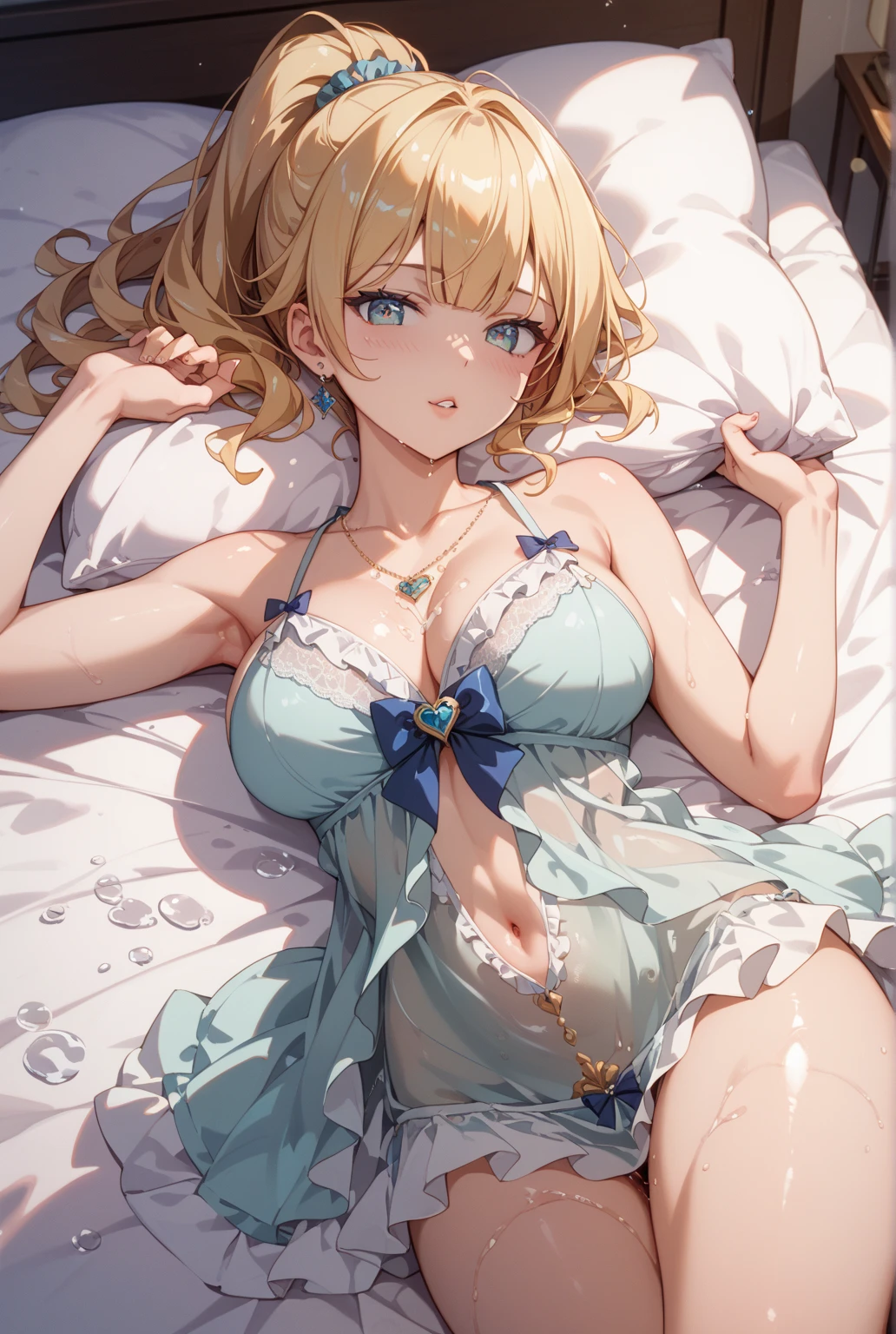 Lying on your back, arms raised, ?????? open, cute beautiful cool woman, troubled look, anime, manga, illustration, fantasy, light blue sexy bra and panties, black knee high socks, blonde shiny flowing layered long bob cut, shiny shiny blue big eyes, shiny red lips, huge breasts, abs, amazing proportions, full body, Vivid golden and iridescent magic circles in background, high resolution, highest quality, ultra high quality, super detail, ultra-realistic