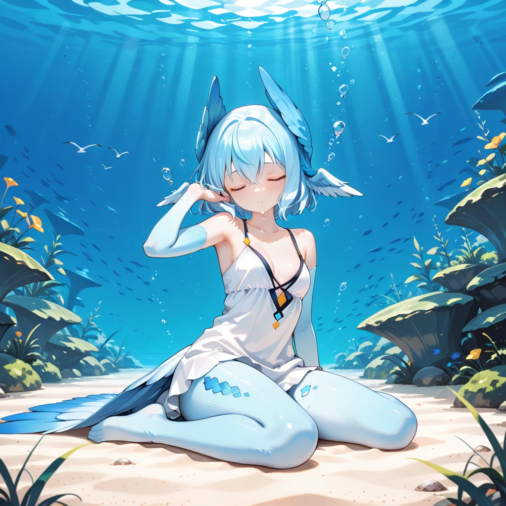 Light bluish-yellow hair with fluorescent creamy white，Blue-pink pupils，Black thick-rimmed glasses，Yellow, blue and white clothes，A super good-looking, especially sweet and cute female sea king，A lot of people are willing to be his licking dogs，She is the faith of licking dogs