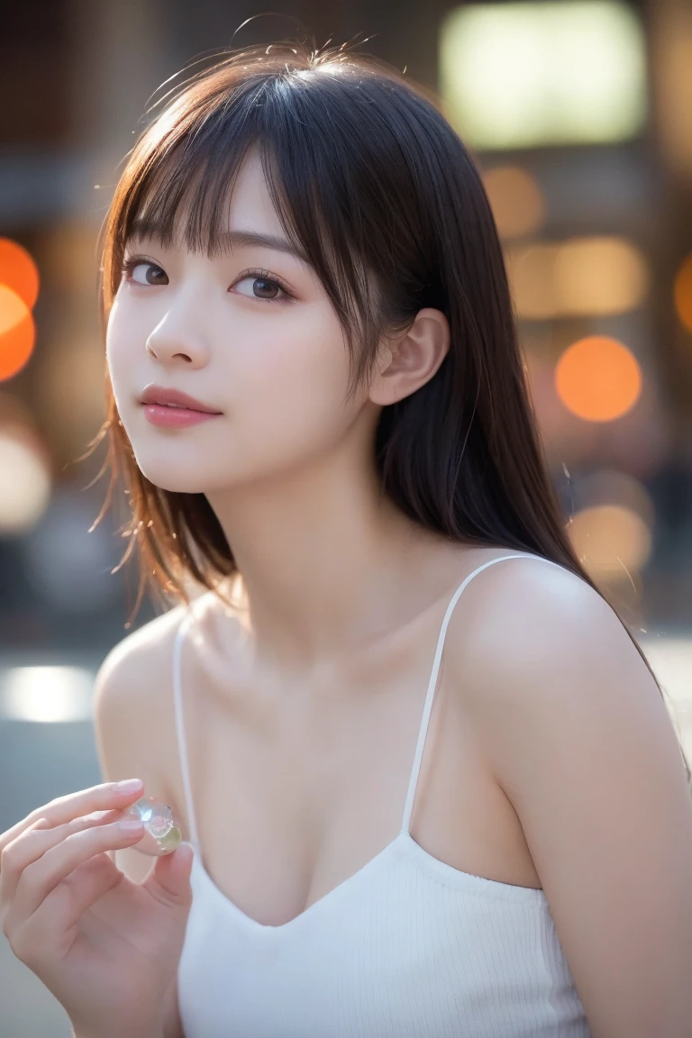 1 girl, Tokyo Street,night, Streetscape,City lights,Upper Body,close,smile,, (8k, RAW Photos, Highest quality, masterpiece:1.2),(Realistic, photo-Realistic:1.37),