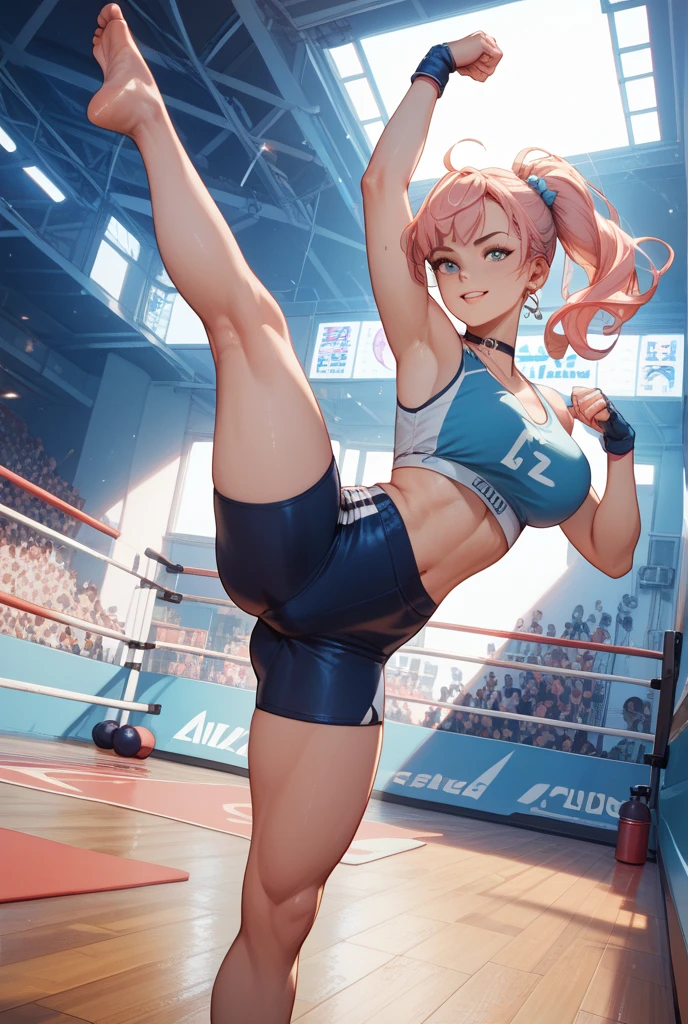 Generate images depicting dynamic battle scenes with impactful speed lines、Adventure anime, Cinematic, Very detailed, High Default, Perfect body, Dynamic Views, Quality HD12K, Eeek! Girl with pink hair, Big Breasts, Wide Hips, Karate practice, Light blue outfit, Sexier, tight, orange, barefoot, Suppressing anxiety while demonstrating kata at the dojo,
