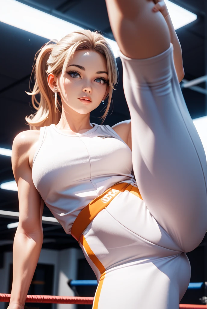 young woman, fashionable, workout clothes, gym, high ponytail, toned body, lean, strong, sport bra, leggings, tight, high cheekbones, blonde, grey eyes, long lashes, streching, legs spread, open legs, cameltoe, ((sweaty))