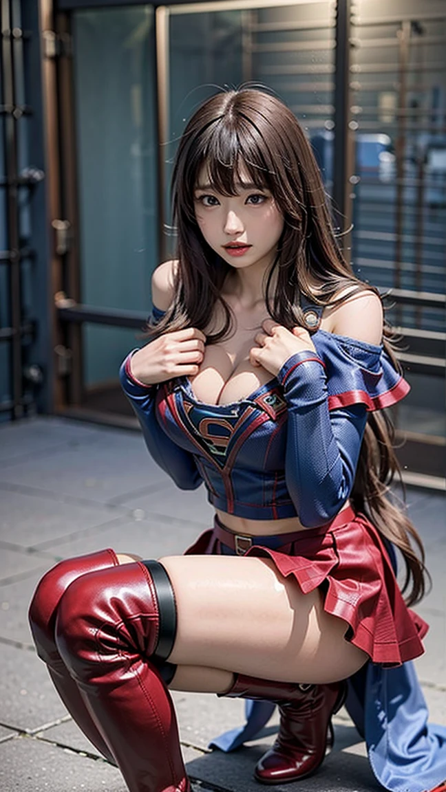 (1womanl:1.2), 独奏, 35yo, __Body parts__, offcial art, 统一 8k 壁纸, ultra - detailed, Beautiful and beautiful, Beautiful fece, tmasterpiece, top-quality, tmasterpiece, ultra fine photos, top-quality, 超A high resolution, photorealistic realism, rays of sunshine, angle of view, Amazing beauty, dynamicposes, delicated face, Vibrant eyes, (seen from the front), ((she wears a full body superman suit, full suit)), ((Red short skirt)), ((a capital letter on chest:1.2)), ((Huge breasts:1.2)), blue-black top、Red cloak、over-Tortoise Man、(((Vulgar))), Very detailed abandoned warehouse background、A detailed face、detailed complex busy background、Messy and gorgeous milky white、highlydetailed skin、Realistic details of skin、Visible Pore、foco nítido、volume fog、8K UHD、Digital SLR、high high quality、Film grains、White skin of the、Foto realism、DL、The huge metropolis of the future dystopia、