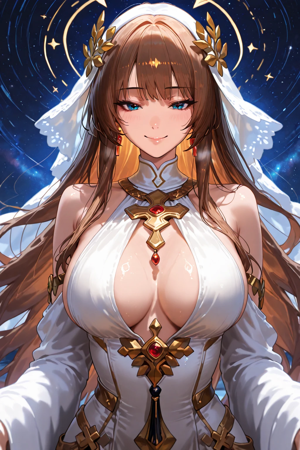 長い髪のbeautifulアニメ風の美女, (((Reddish brown hair)))Short hair neat,(((best quality)))Transparent hair,Playful faces,(((blue eyes)))beautiful女人充满快乐,(((Clearly defined, Attractive figure)))((Huge bust))Tight waist,(((Shiny white and grey strapless bodysuit armor))),Outer Skirt,(((Radical Princess)))Clothing that exposes breasts and navel,spiked bracelet,Headdress(((beautiful)))White skin,(((return々Striking a cool pose)))full-body shot,(((background)))wood,FOG,Red Moon,Mysterious Flower,Abandoned castle。