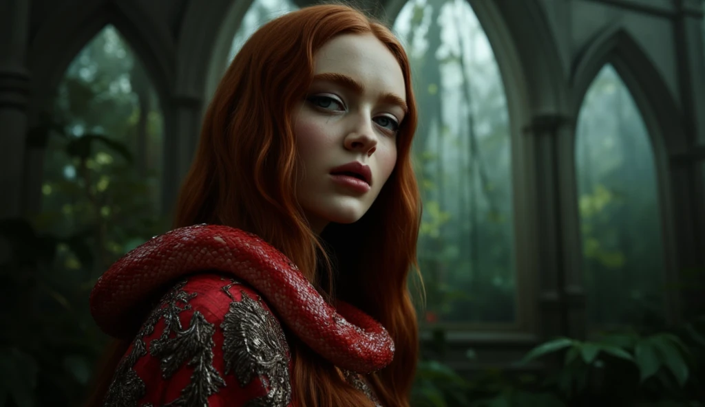 a beautiful attractive slender shaman woman, with longe red hair, green eyes, freckles, extra large,  short red medieval dress with lace cords, in the background a lake with orchids and lotus