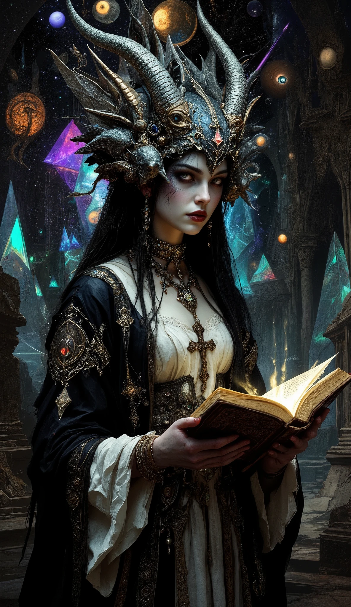 Surreal Painting, An extravagant, mysterious female figure dressed in intricately embroidered black and white medieval clothing that fits her form perfectly , A jeweled rosary necklace with a large crucifix rests on her shoulder,Allusions to a historical or religious background or past lives, her hands are tightly gripping a very ancient illuminated book of Alchemy glowing with ancient magics and Angelic Enochian magic, with arcane graphs and suggesting studiousness and contemplation, A number of abstract shapes and dragon heads, cyclops things and creatures of myth blend seamlessly around the mysterious figure's head,Set against a vivid , an alien cosmic montage of strange vistas of backdrop, Jagged iridescent geometric shapes, The background features celestial bodies such as planets and moons,Above these shapes are disarticulated eyes,Adding to the dreamy, mysterious atmosphere, The scene is set in a dark, expansive temple open to the sky, Suggesting a journey through time and space, The contrast of light and shadow, Fantastic Mood, A visually appealing piece, Deep symbolism, Various interpretations.
