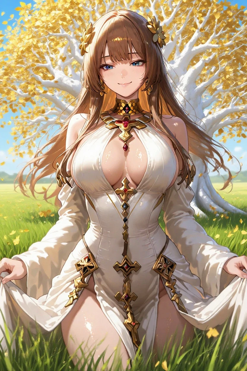 (masterpiece: 1.2), (best quality: 1.2) 1woman, mature, tall (1.85), She looked to be about 30 years old, she had long golden hair(gold), straight and shiny hair , golden eyes like sunlight, extremely detailed eyes, perfect eyes, extremely realistic eyes, well-aligned eyes, long eyelashes, anime style, perfect face, milf face, full lips, smiling, mature, fair skin, natural body, body sexy, milf body, perfect hands, detailed hands, hands well proportioned to the body, realistic hands, arms with good anatomy, she only wore an immaculate white dress that still couldn't hide her extremely large and huge breasts that were hanging down due to their size , thick thighs, wide hips, looking at the viewer, background scenery, scenery in a vegetable farm, vegetables in the background posing standing alone looking at the viewer