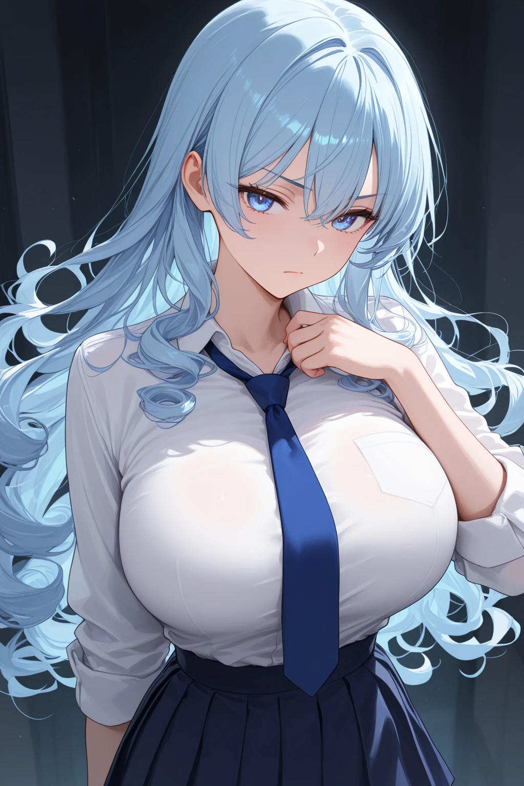masterpiece, best quality, 1girl, solo, adult, blue hair, ponytail, white shirt, cleavage, corset, necktie, black pencil skirt, large breasts, clenched teeth, standing still, upper body