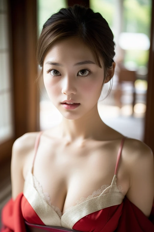 hair tied up with a hairband、pink lingerie、medium breasts、valley、A beautiful woman with a sense of transparency、cute、pout、upper body up、White curtain on background