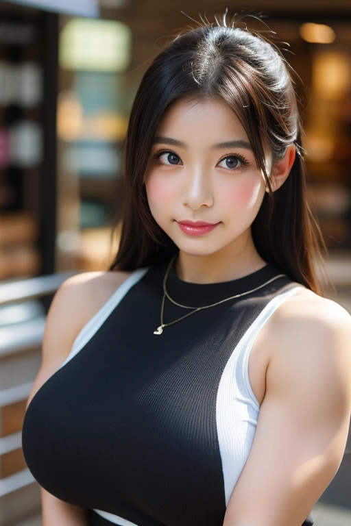 (masterpiece:1.2,Highest quality),Blur the background,One high school girl,((Ｔshirt)),(Big Breasts),((Sculpture Pose)),((Beautiful and beautiful eyes)),Blushed,Healthy Skin,Observe the audience,(smile),(Date in the downtown area),8K resolution