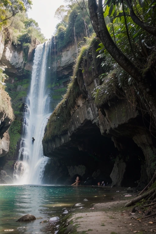a waterfall in the jungle with a blue pool and trees, waterfalls and lakes, with trees and waterfalls, laos, lakes and waterfalls, with waterfalls, floating waterfalls, an endless waterfall, with a waterfalls, forest and waterfall, immense waterfall, waterfalls in the background, ancient ruins and waterfalls, multiple waterfalls, with waterfalls and river, a river flowing with waterfall, stunning waterfall. arafed woman in a green bikini and hat laying on a white rug, green bikini, elegant bikini, green swimsuit, sling bikini, cute bikini, wearing two - piece swimsuit, realistic bikini, bikini, boutinela bikini, swimsuit, attire: bikini, bathing suit, wearing a bikini, in bikini, gorgeous bikini model, tiny bikini, bikini model . she has bob haircut, kim kardashian curvy. kim kardashian body. sunny day. big ass, big breast