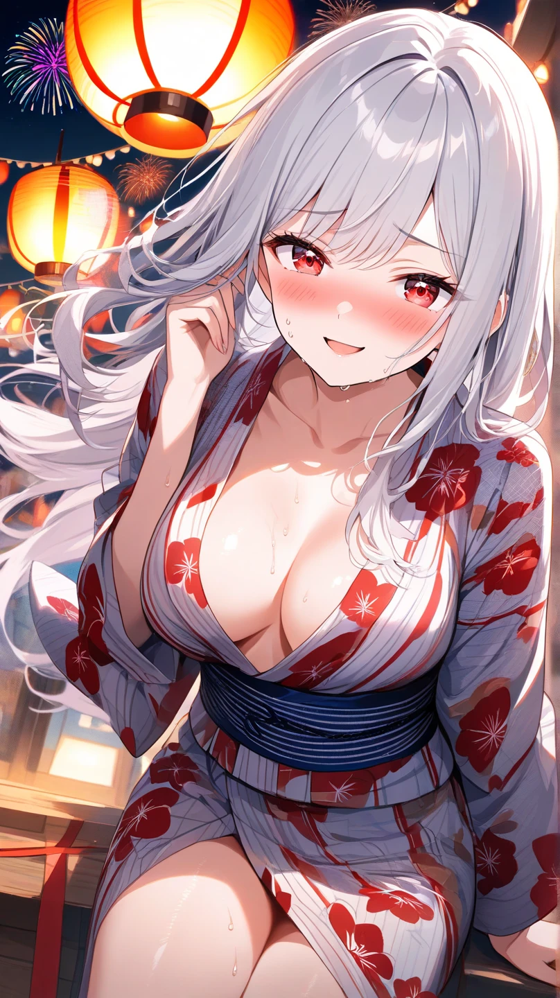 ((highest quality、High resolution、8K、masterpiece:1.3))、dynamic angle、I can see the whole body、wallpaper、1 girl、unparalleled beauty、ultimate beauty、super detailed face、delicate eyes、smile shyly、sexy look、(seducing me sexually)、(Inviting to have sex)、looking at the camera、Depth of bounds written、light particles、side light、ponytail、silver hair、shrine maiden、shrine maiden服、shrine maiden装束、white kimono、red hakama、(Holding down the skirt with both hands)、(The wind flipped my skirt and exposed my white panties.)、Open chest、big breasts、cleavage、thighs、slim、slender、Old castle at night
