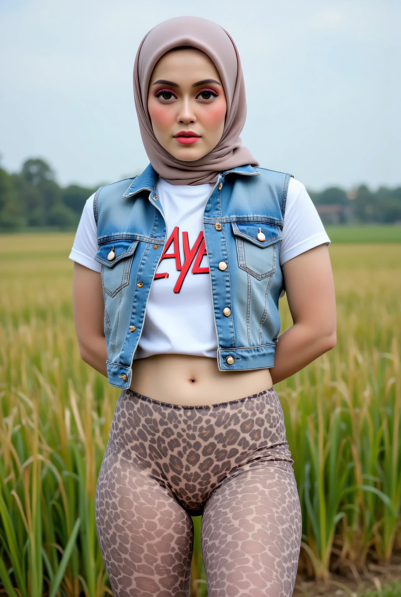 Just Front photo, wear a loose drop Looks like a little rubber panties pastel translucent (cheetah print) leggings closed my center, besar melayut, hijab hijab hijab hijab, (photorealistic:1.6), background rice paddy. daytime atmosphere, don't put any rope! flat !, duduk di atas kerusi kaca, hands behind back while legs astride, view from front, wearing short t-shirt Slayer blood font logo print & mini vest denim, pink eyeshadow & black lipstick