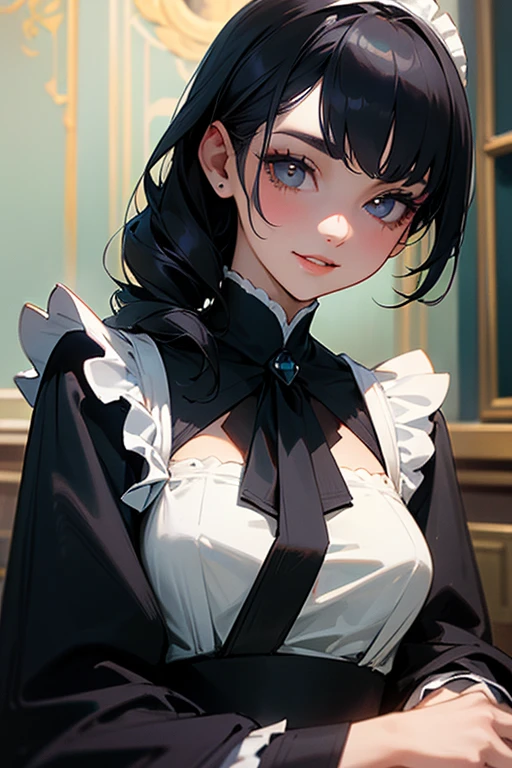 (Detailed Lights, Detailed Shadows), 1Woman, black Hair, (Elizabeth), Bioshock infinite, , White blouse, ((Detailed Eyes)), upper body view, black Eyetremely Detailed Clotheodern Clotheeautiful Hair, Muscular, glowing blue eyes, puffy lips, large , Hair Down, Extremely Detailed Background, Beautiful Background