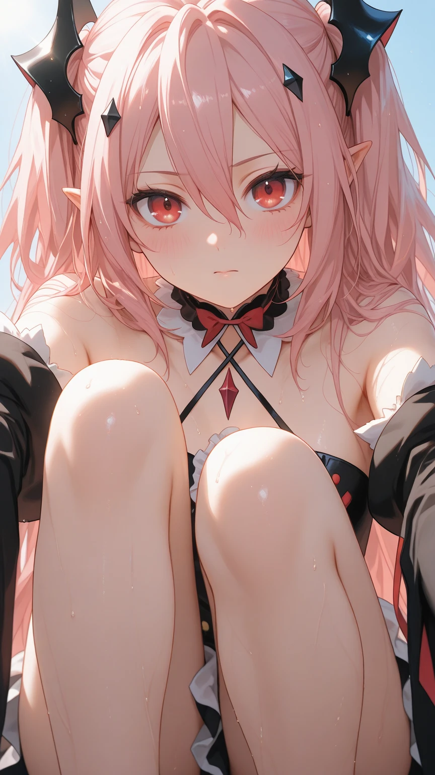 anime girl with blonde hair and a red bra top, gapmoe yandere, seductive anime girl, yandere, gapmoe yandere grimdark, ahegao, bikini. background of hell. gore, demon anime girl, power chainsawman , top rated on pixiv, anime monster girl, [[[[grinning evily]]]]