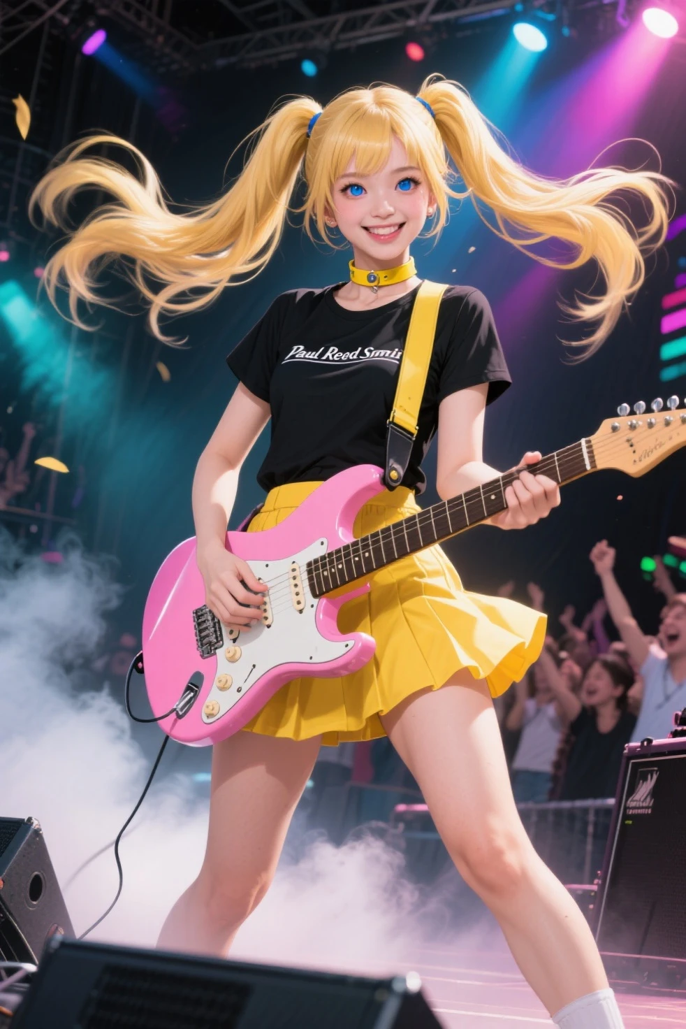 (Masterpiece), (Best Quality), Ultra High Definition, Professional Artwork, Ultra Detailed, Complex, Detailed Face, Perfect Lighting, 1girl, Solo, Sylviem, Kofxib, Striped, Pantyhose, Midriff, Ribbon, Striped Pantyhose, Jewelry, Horn, Open Eyes, Big Smile, Wide Mouth, Golden Electric Guitar, Electric Guitar on His Shoulder, Playing Electric Guitar, hair bow, chest, skirt, bead, necklace, cleavage, puffy sleeves, photorealistic, cowboy shot, dynamic angle