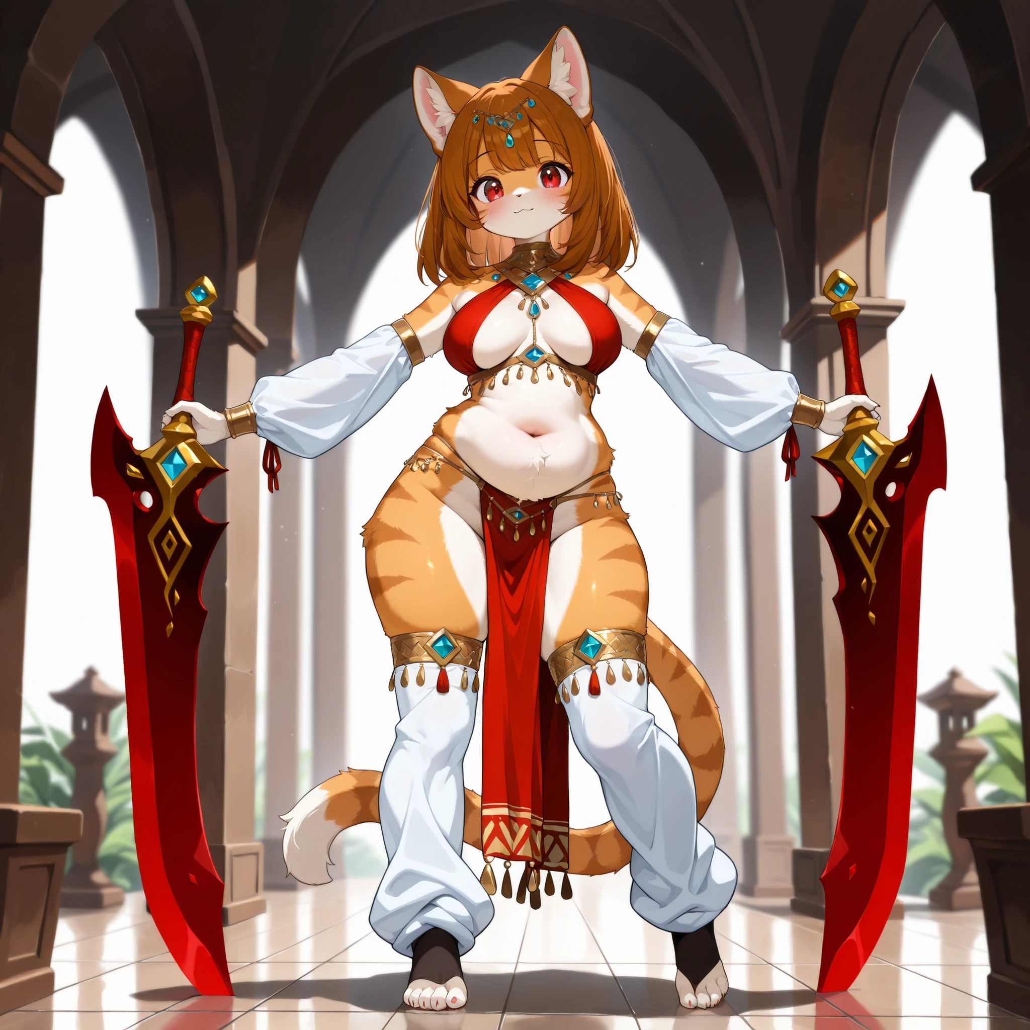 (masterpiece, best quality, amazing quality, very aesthetic, high resolution, ultra-detailed, absurdres, newest, scenery, 1girl, solo, cat girl, furry, kemono, Fluffy fur, coloured fur, two tone fur, caramel hair, medium hair, red eyes, beautiful breasts, navel, sagging belly, wide hips, Belly Dance Costumes, custom top, long sleeves, panties, high thigh socks, toeless socks, pelvic curtain, long leg warmers, oversized leg warmers, bare feet, body jewelry, hip jewelry, prints, coloured clothes, standing, big double blade, standing, dynamic posing, happiness, graceful, sexy, cute, full body, depth of field, volumetric lighting, runesword)